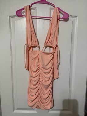 Zara Peach Ruched Mini Dress with Adjustable Ties